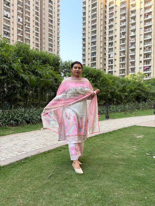 Blush Floral Ombre Suit Set with Intricate Neck Embroidery