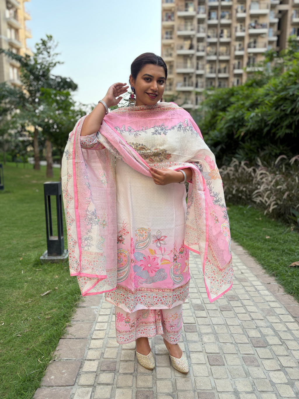 Blush Floral Ombre Suit Set with Intricate Neck Embroidery