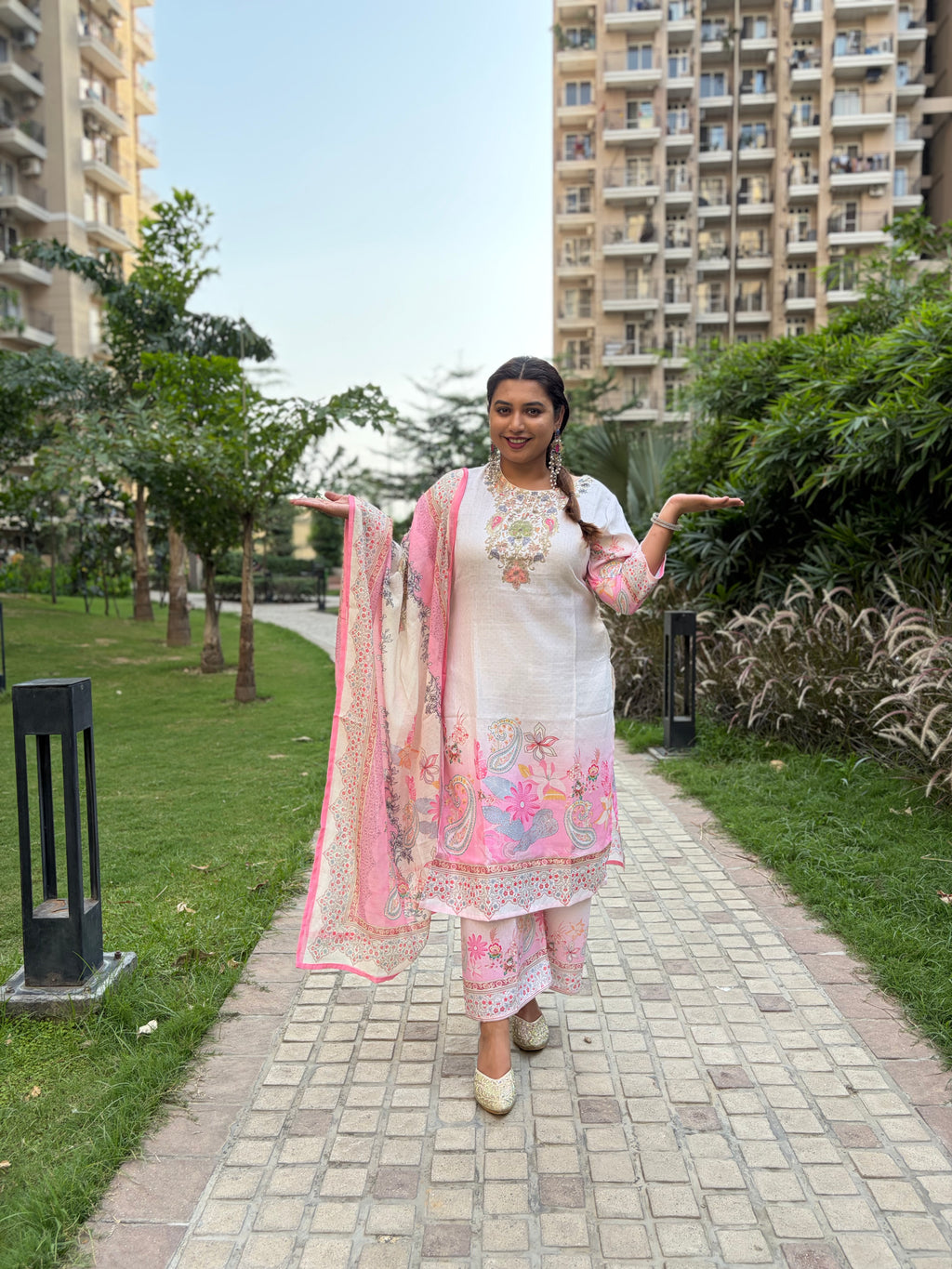 Blush Floral Ombre Suit Set with Intricate Neck Embroidery