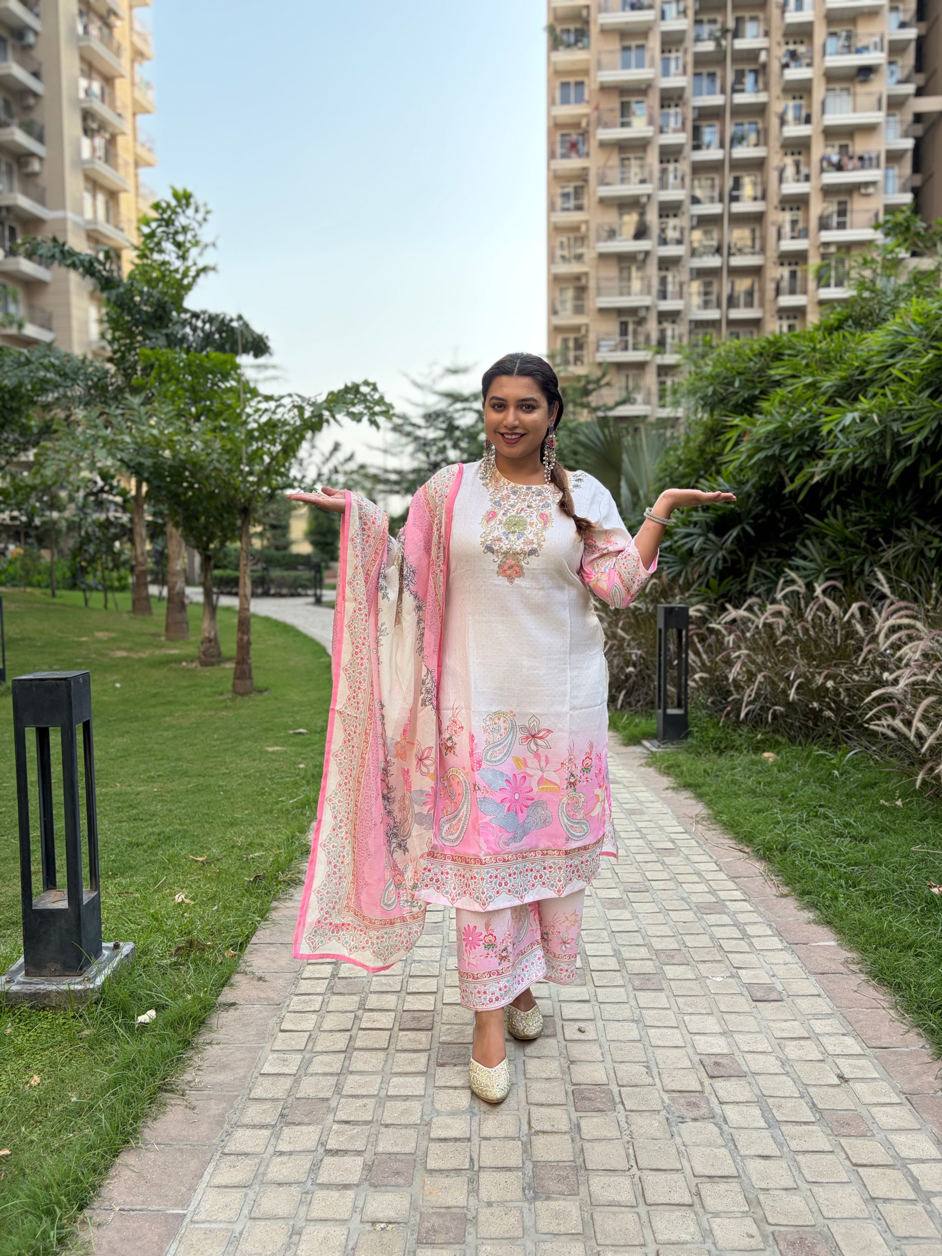 Blush Floral Ombre Suit Set with Intricate Neck Embroidery