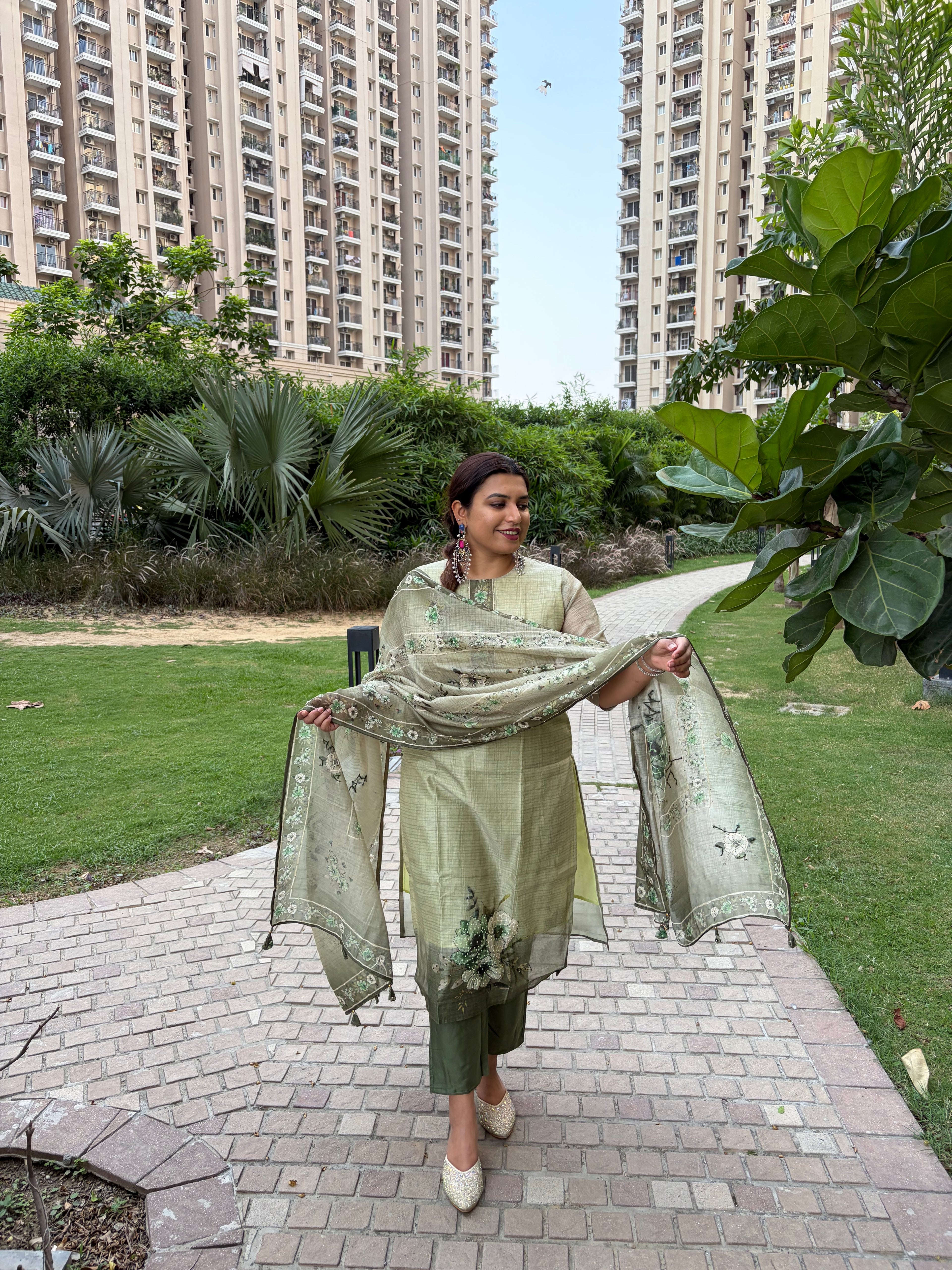 Lime Silk Hand-Painted Suit with Heavy Bundi Work Dupatta