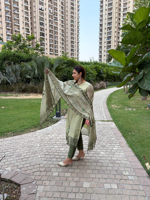 Lime Silk Hand-Painted Suit with Heavy Bundi Work Dupatta