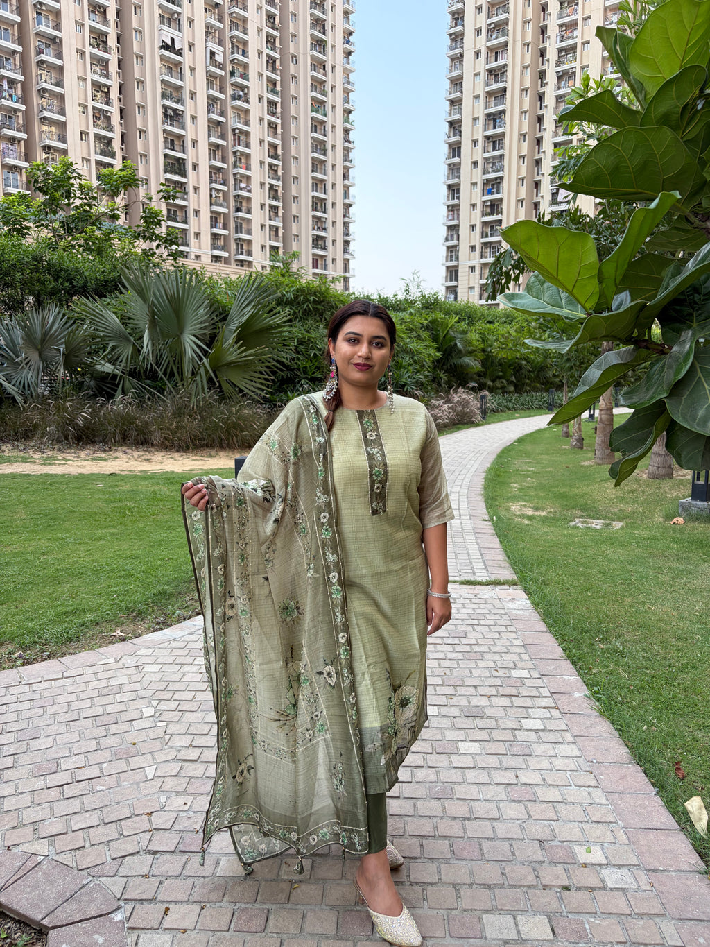 Lime Silk Hand-Painted Suit with Heavy Bundi Work Dupatta