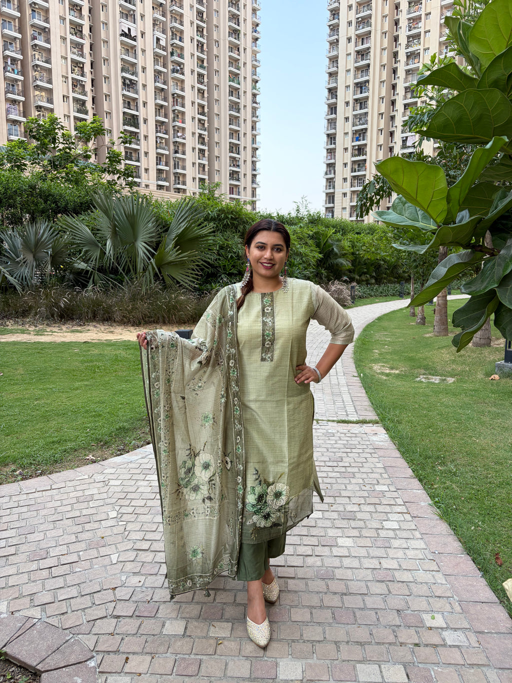 Lime Silk Hand-Painted Suit with Heavy Bundi Work Dupatta