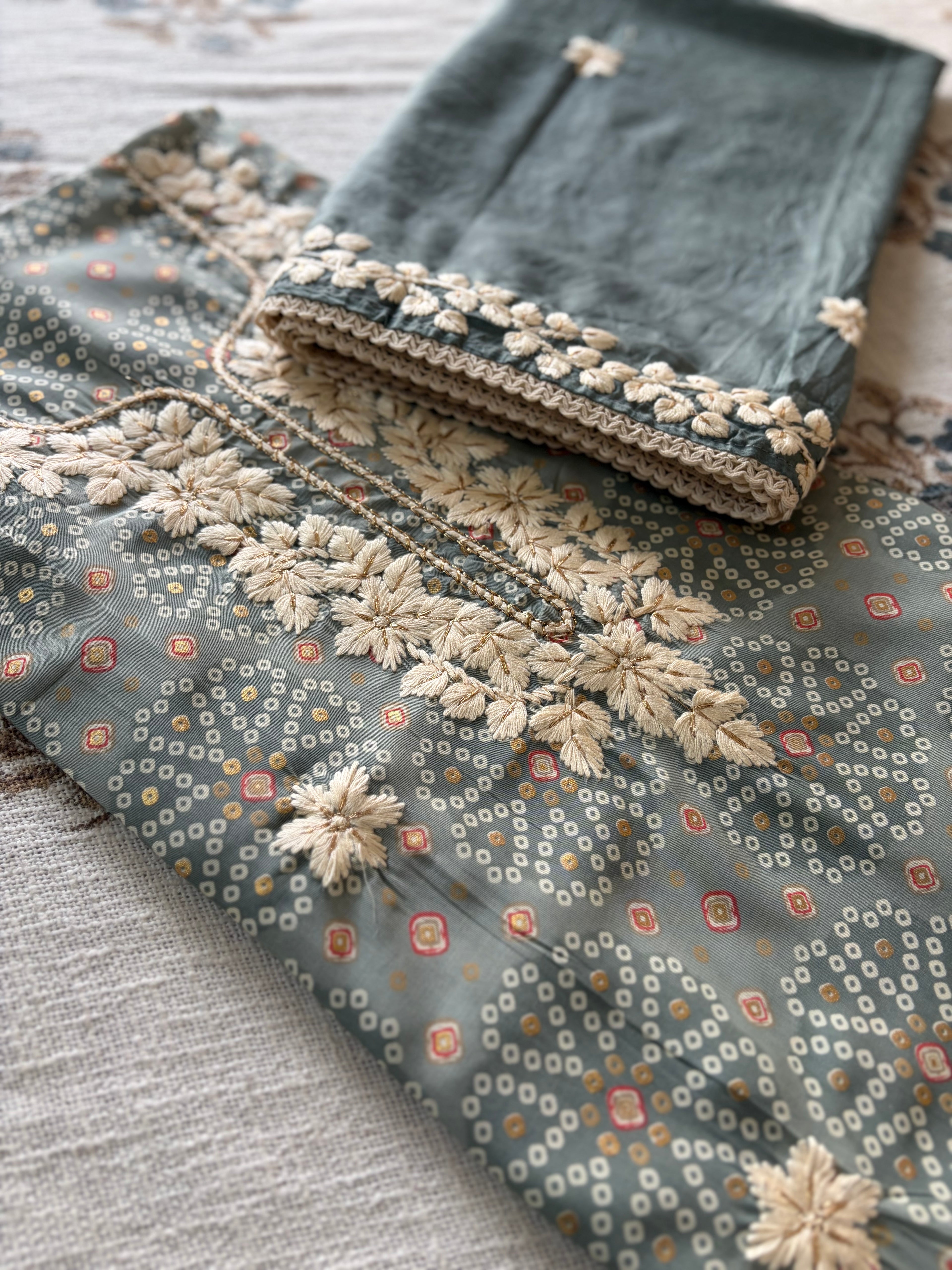Sage Green Bandhani Suit Set With Gota Patti and Floral Embroidery