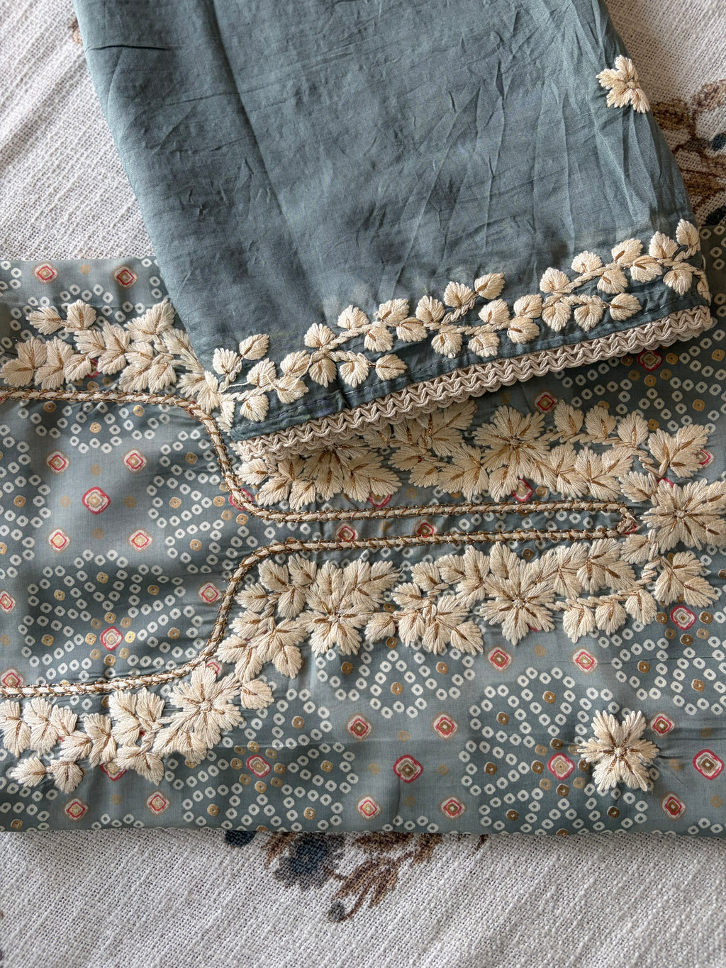 Sage Green Bandhani Suit Set With Gota Patti and Floral Embroidery