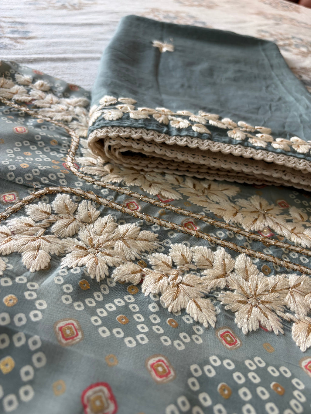 Sage Green Bandhani Suit Set With Gota Patti and Floral Embroidery