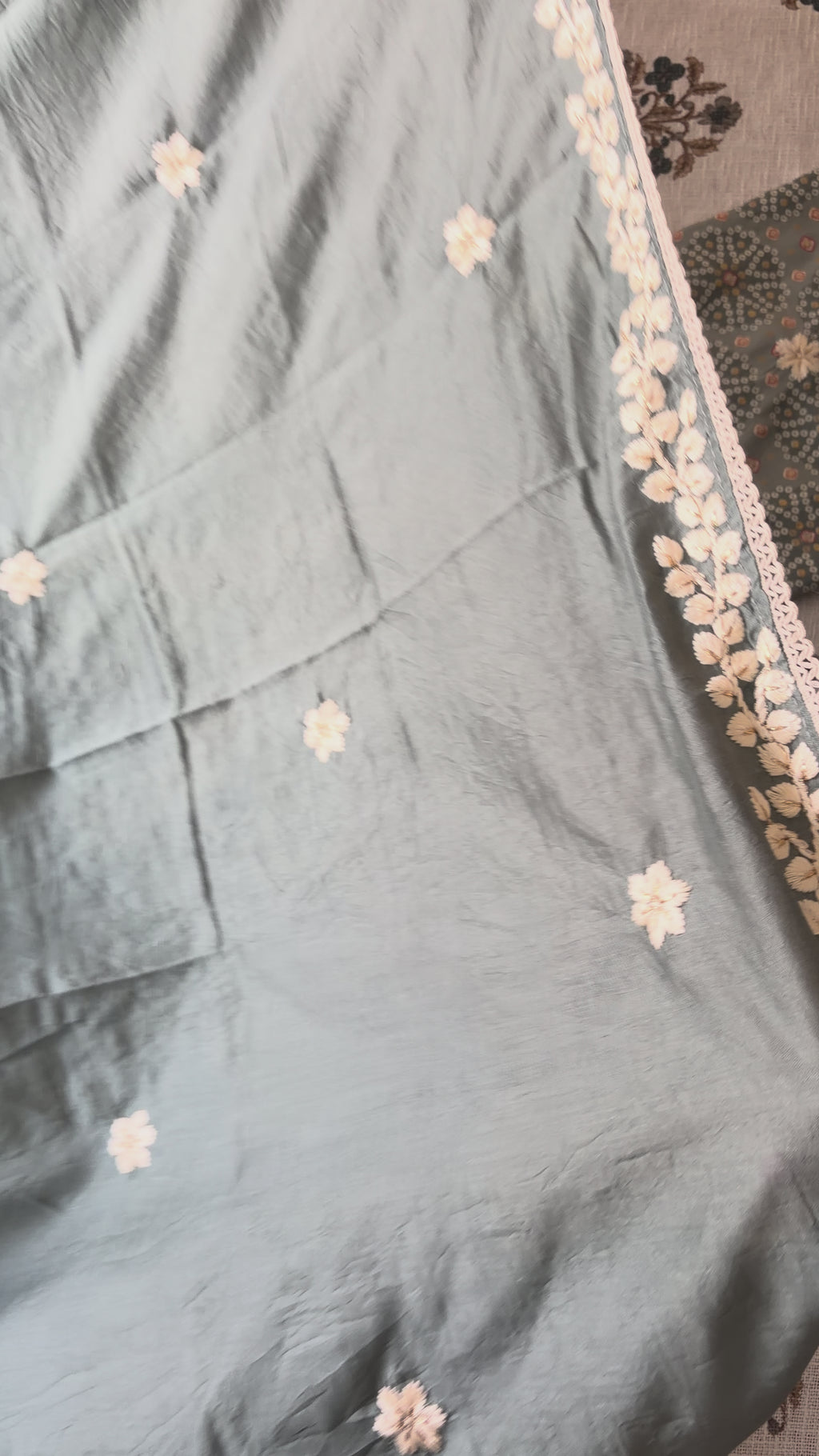 Sage Green Bandhani Suit Set With Gota Patti and Floral Embroidery
